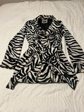 Heart Soul Black & White Zebra Print Belted Pea Coat